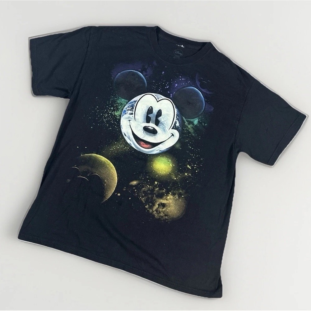 Disney Shirt Adult Large Mickey Mouse Space Planet Black Cotton Tee Glow in Dark